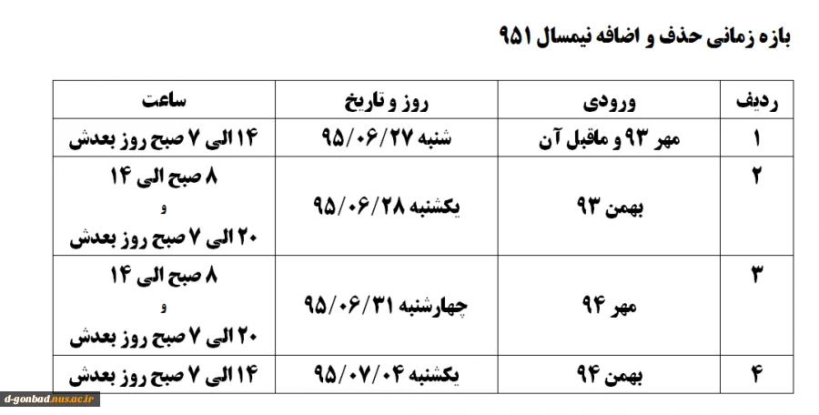 بازه زمانی حذف و اضافه نیمسال 951