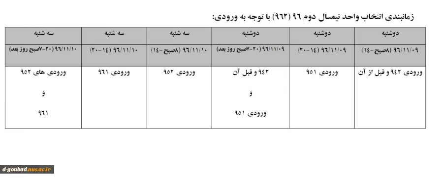 زمانبندی انتخاب واحد نیمسال دوم 96