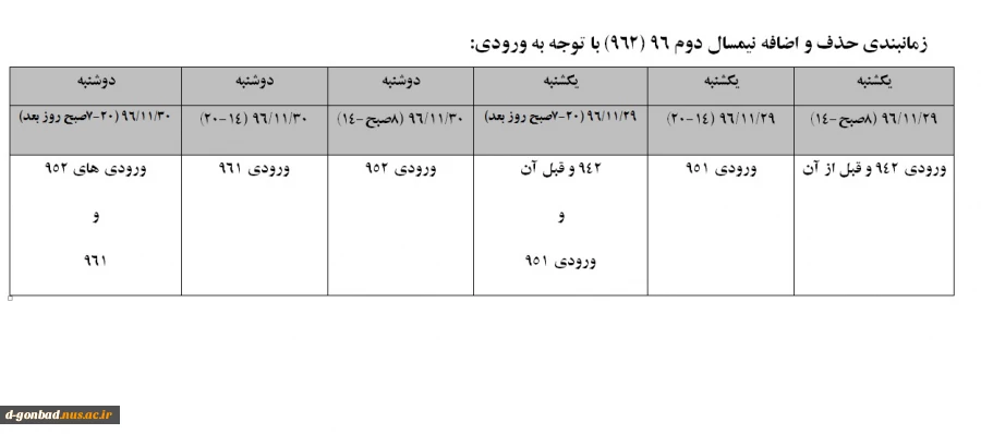 زمانبندی حذف و اضافه نیمسال 962