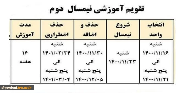 قابل توجه دانشجویان : تقویم آموزشی نیمسال دوم 2